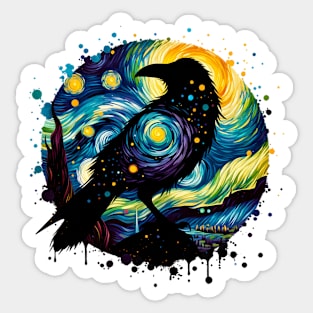 Crow in Starry Night Style Van Gogh Painting Raven Lover, black crows, raven, corvid, books, magic Sticker